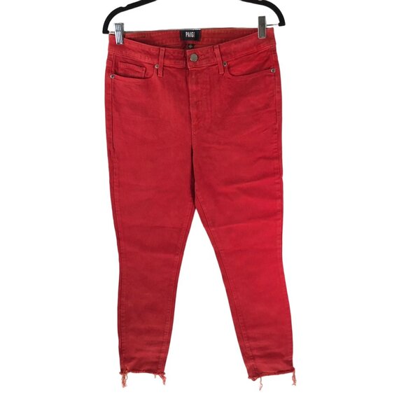 Paige Red Distressed Hoxton Ankle Skinny Jeans Size 30 - Picture 1 of 7